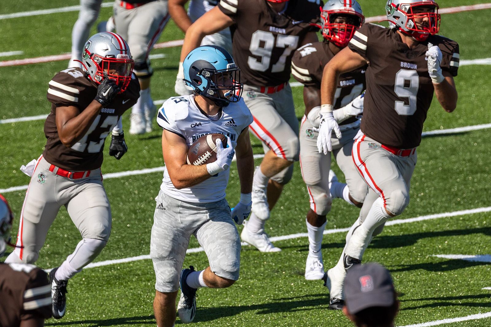 URI number 19 Matt Pires with the ball. Brown Football vs. URI, 18 September 2021.