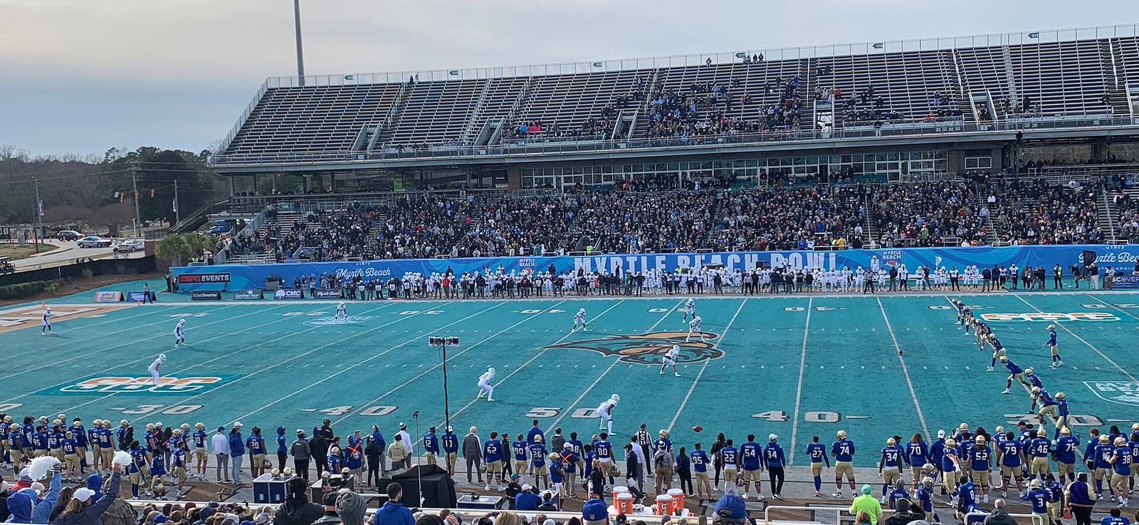 The opening kickoff of the 2021 Myrtle Beach Bowl, with Tulsa (blue) set to kick off to Old Dominion (white)