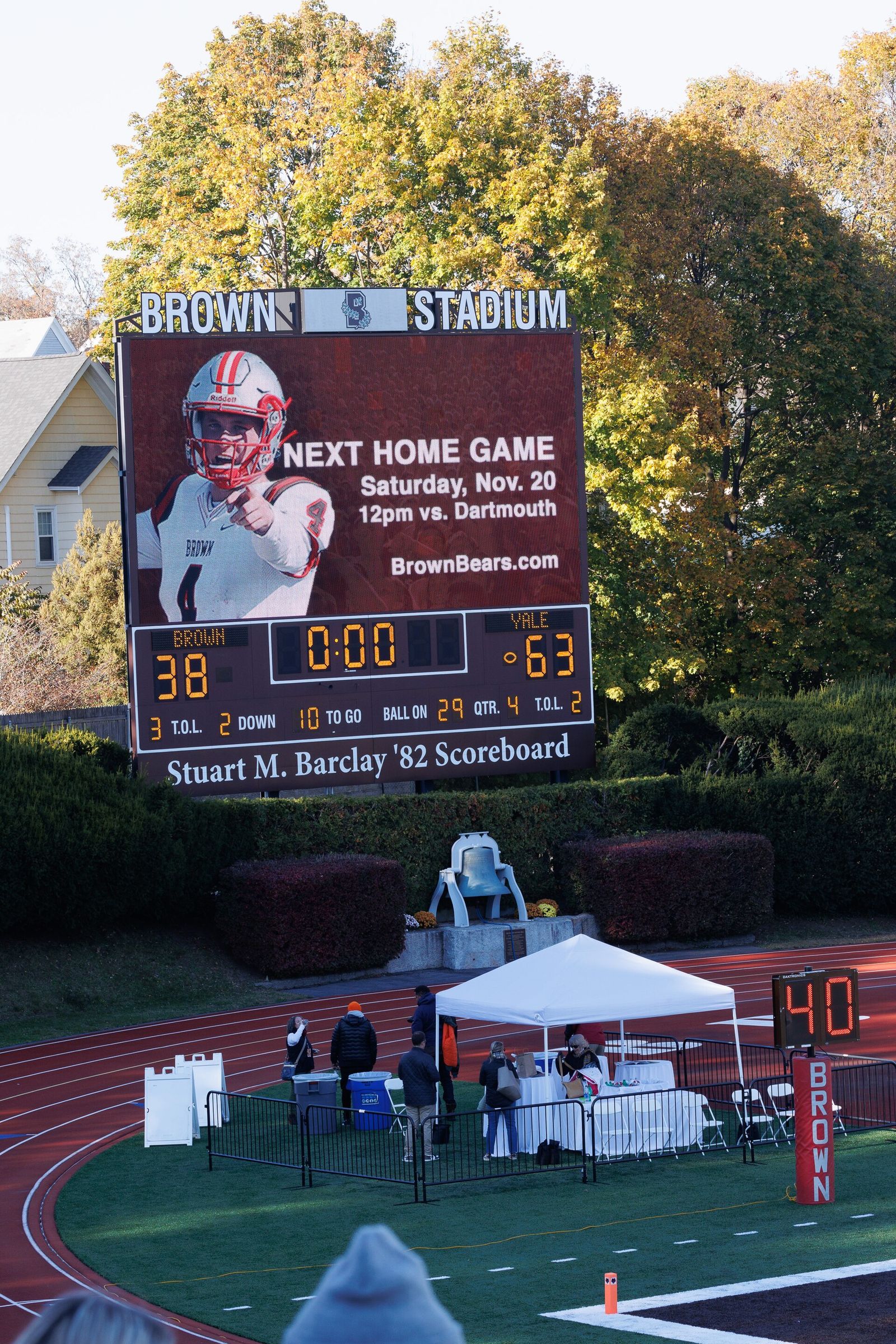 Brown Stadium scoreboard after Brown/Yale Game, November 6, 2021. Brown University, Providence RI.