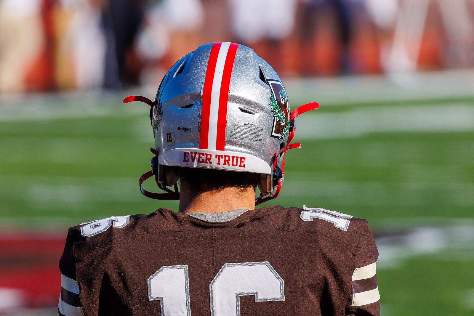 Brown Bears football helmet (rear) is inscribed with the words "Ever True". Brown Bears vs Yale Bulldogs football game, November 6, 2021.