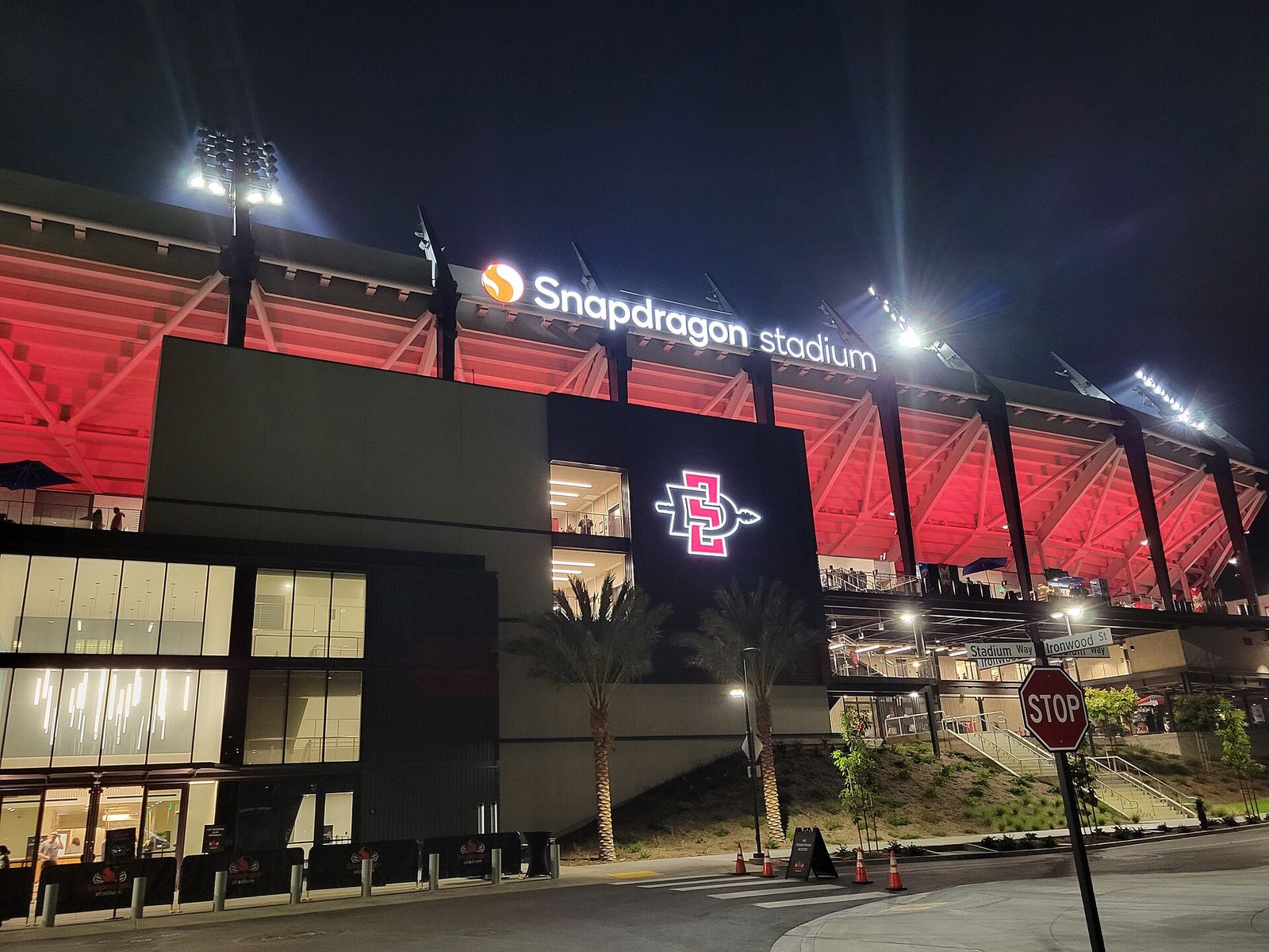 Snapdragon Stadium exterior-Night façade