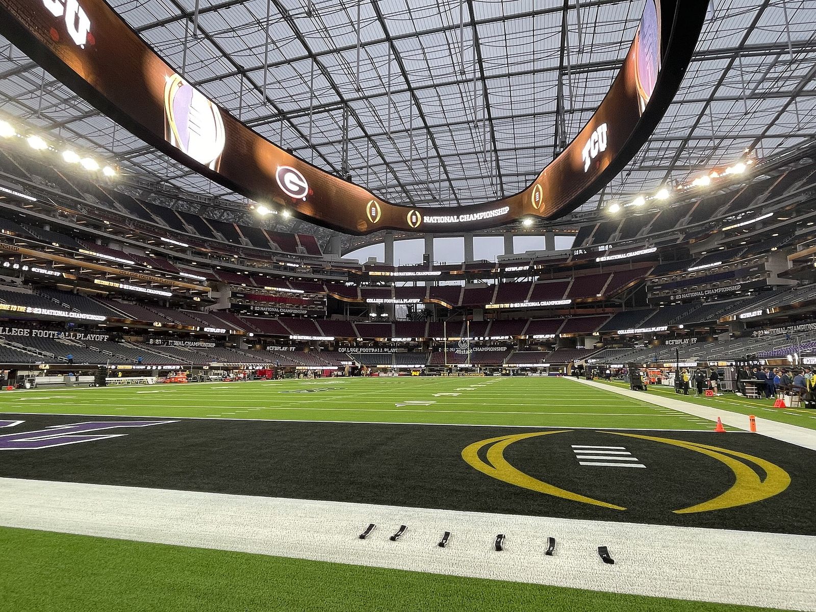 SoFi Stadium, viewed from the south end zone, set-up for the 2023 College Football Playoff National Championship in Inglewood, California.