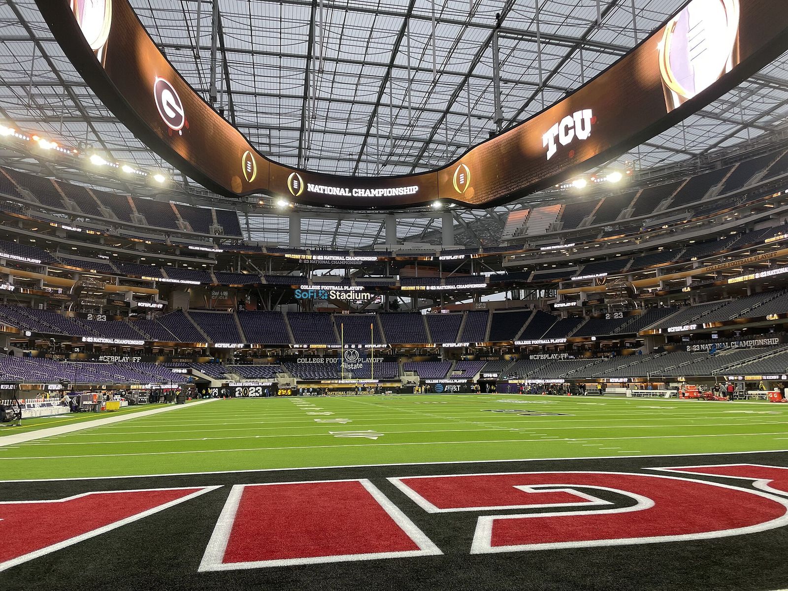 SoFi Stadium, viewed from the north end zone, set-up for the 2023 College Football Playoff National Championship in Inglewood, California.