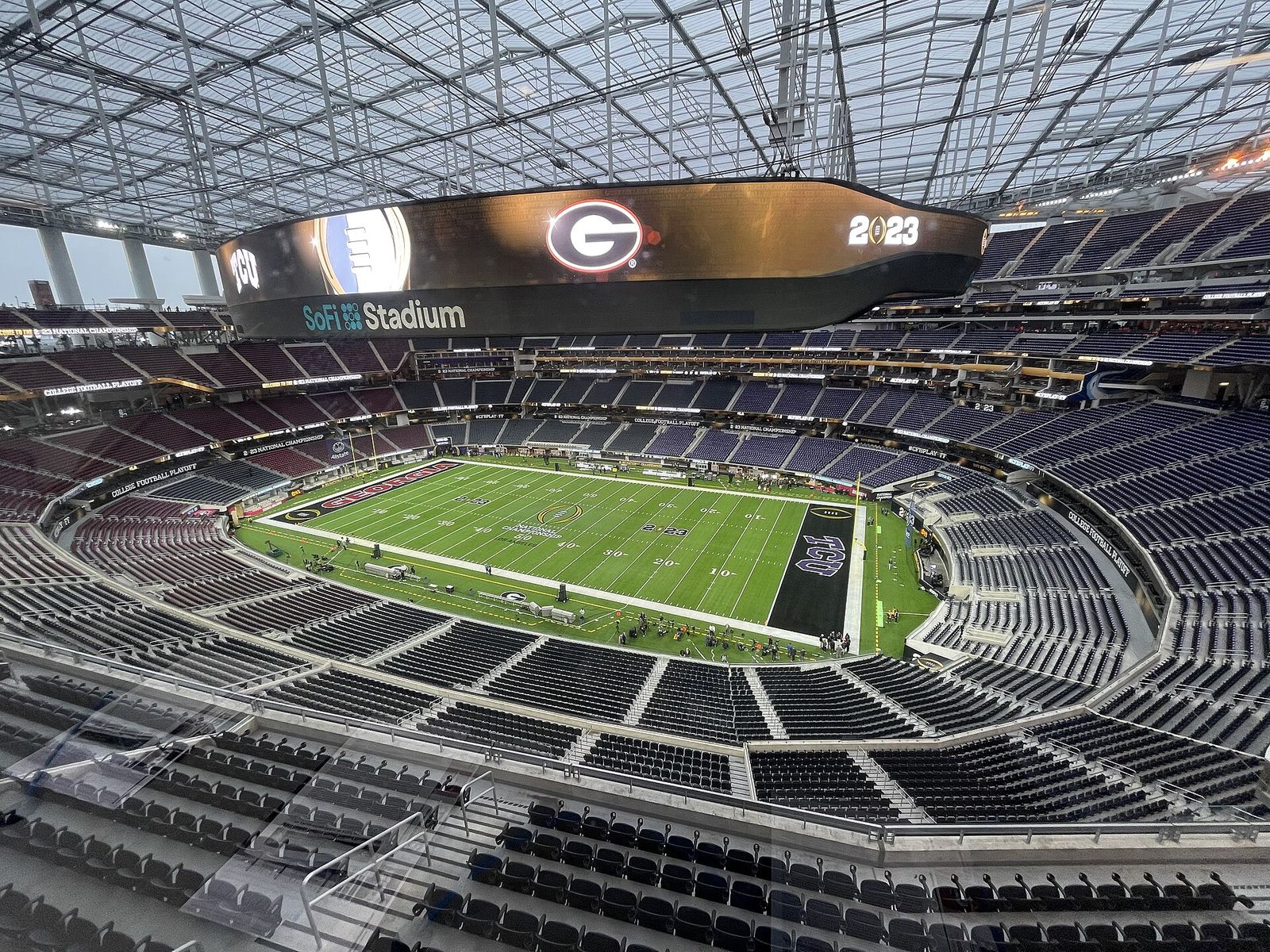 SoFi Stadium, viewed from the press box, set-up for the 2023 College Football Playoff National Championship in Inglewood, California.