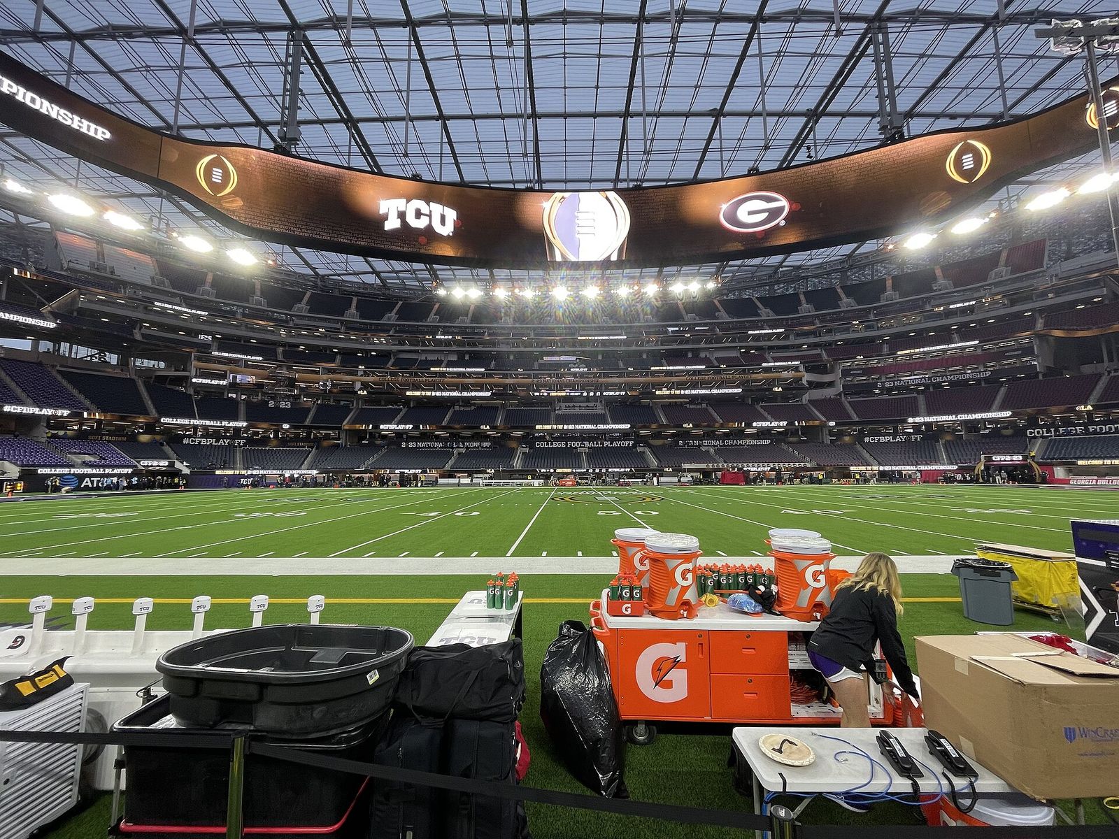 SoFi Stadium, viewed from the UGA sideline, set-up for the 2023 College Football Playoff National Championship in Inglewood, California.