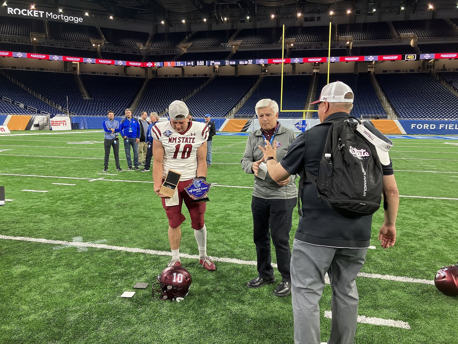 New Mexico State quarterback Diego Pavia (10) after being named most valuable player in the 2022 Quick Lane Bowl, played at Ford Field in Detroit, Michigan