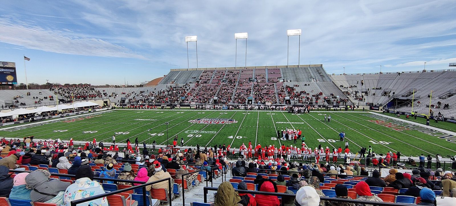 The field at Independence Stadium in Shreveport, Louisiana, during the 2022 Independence Bowl college football game. Pride of Acadiana Marching Band on left.