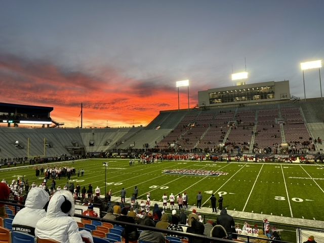 The field and press boxes at Independence Stadium in Shreveport, Louisiana, during the 2022 Independence Bowl college football game