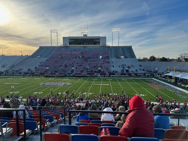 A band exiting the field at Independence Stadium in Shreveport, Louisiana, during halftime of the 2022 Independence Bowl college football game