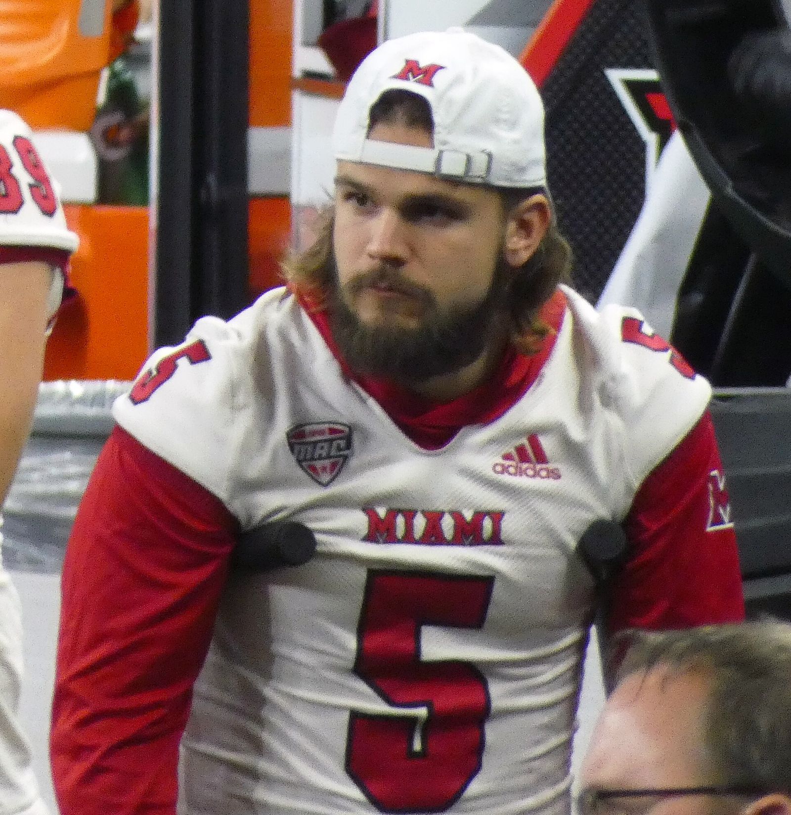 Photo showing injured Miami RedHawks quarterback Brett Gabbert during the 2023 MAC Championship game.