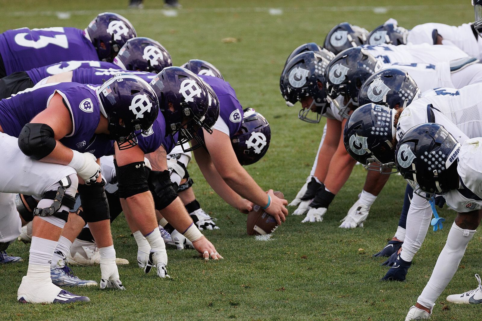 Georgetown Hoyas at Holy Cross Crusaders football line of scrimmage. At Fitton Field.