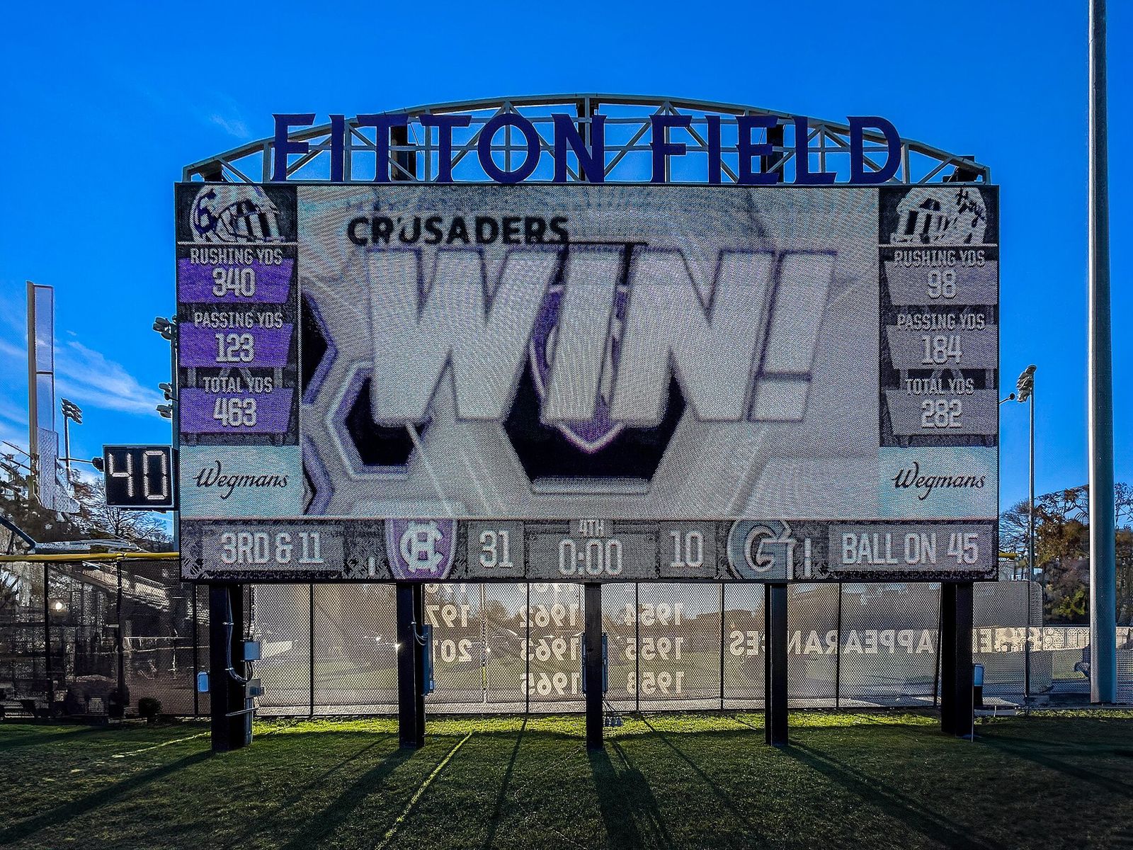 Final score of the Georgetown Hoyas at Holy Cross Crusaders football game. Holy Cross 31, Georgetown 10. 18 November 2023.