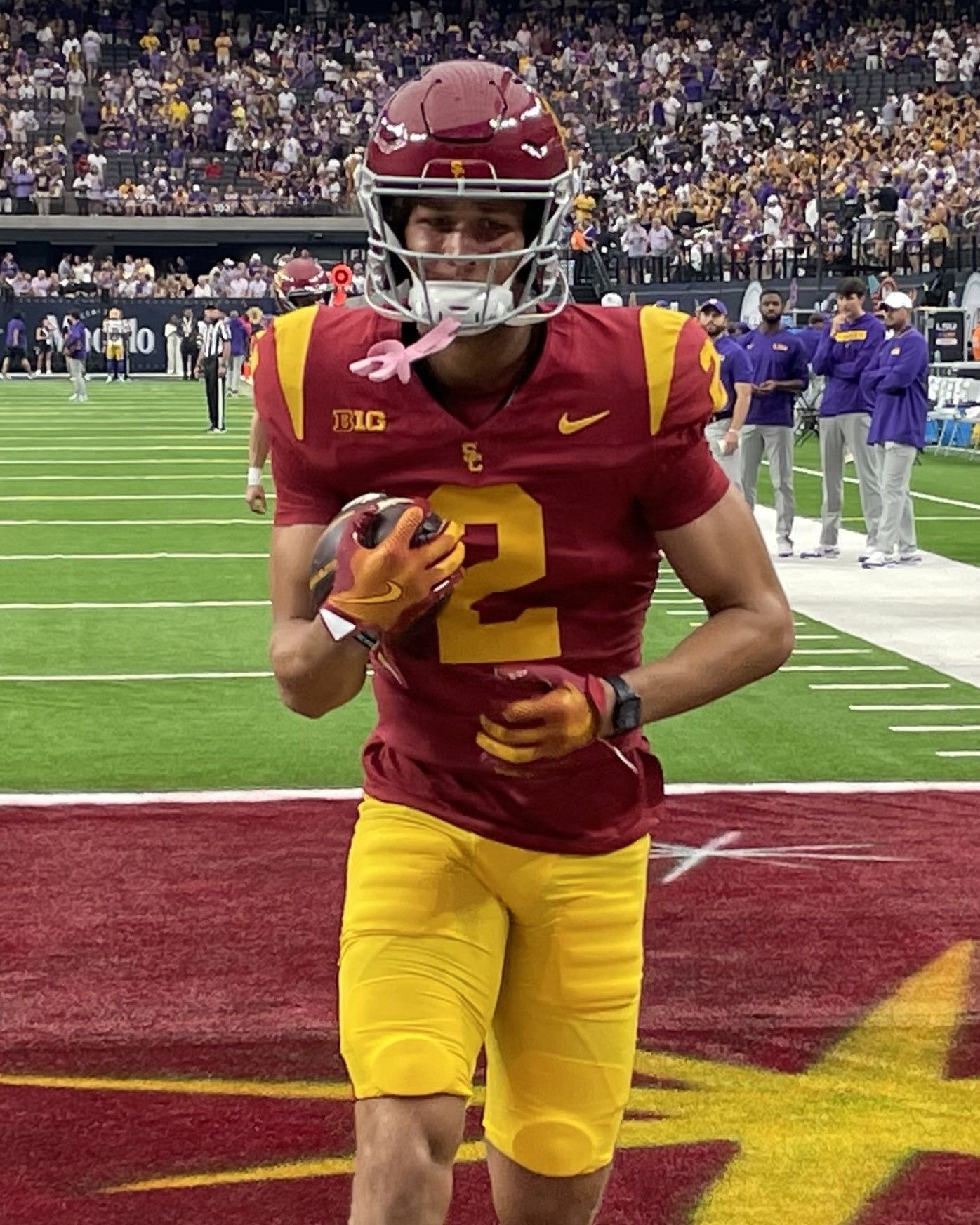 Duce Robinson, wide receiver for the USC Trojans football team, before the 2024 Vegas Kickoff Classic in Las Vegas's Allegiant Stadium.