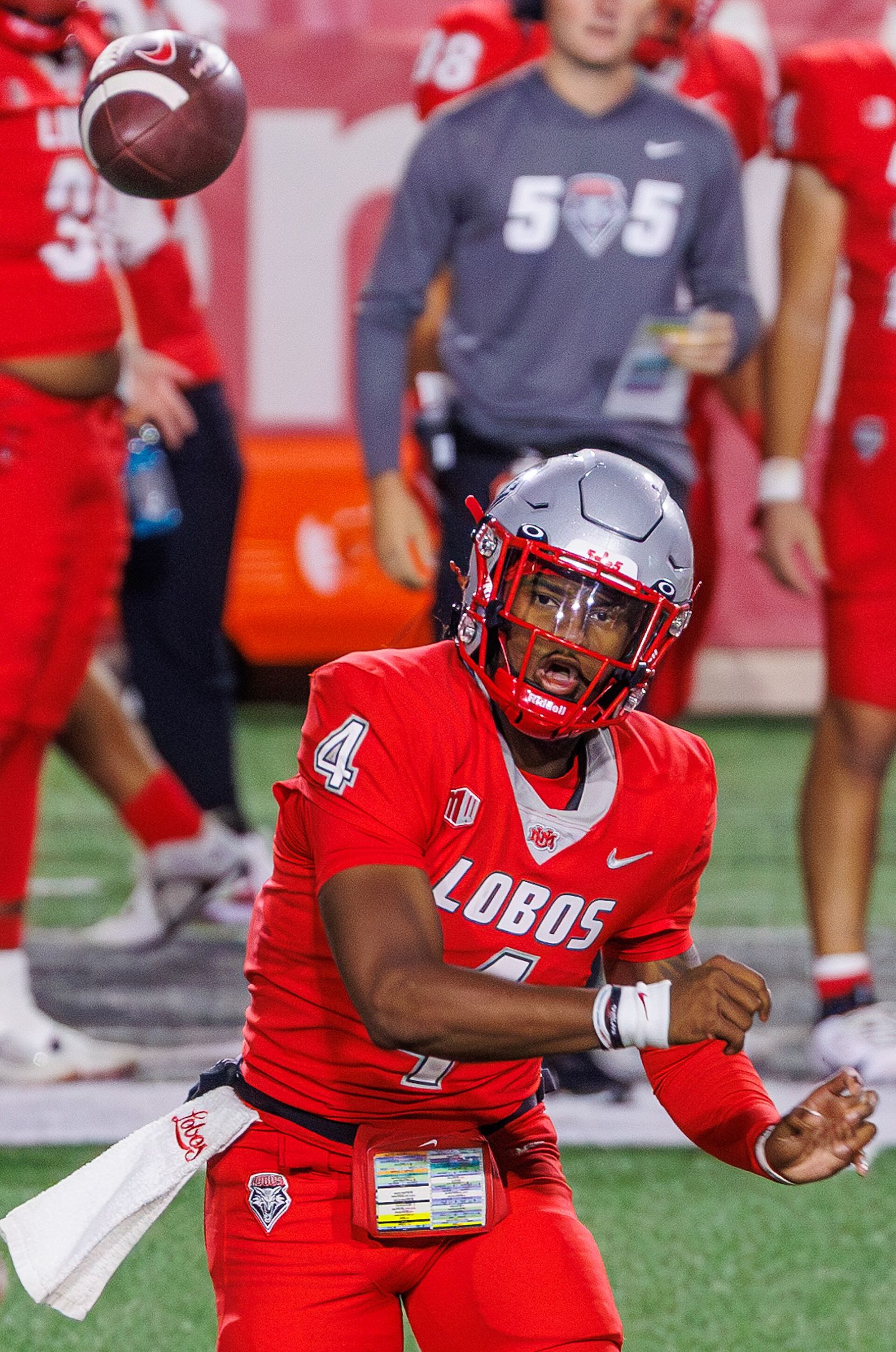 Devon Dampier, New Mexico Lobos quarterback throws the ball during the Fresno State Bulldogs at New Mexico Lobos game, 21 September 2024.