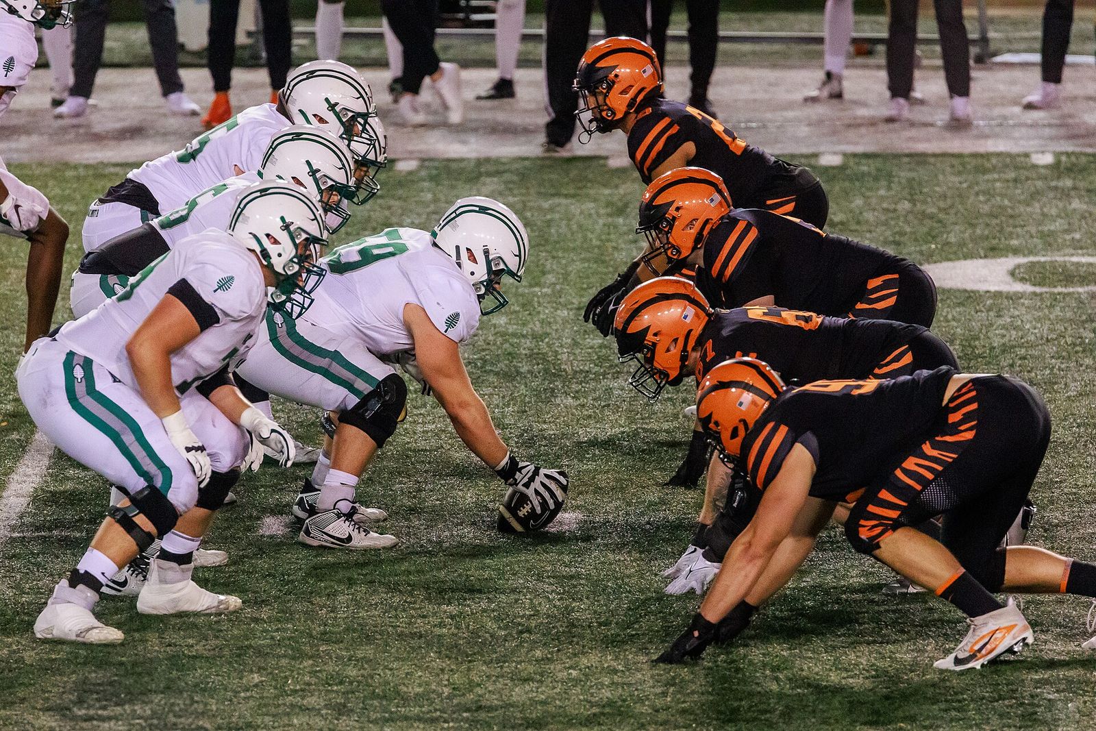 Dartmouth Big Green at Princeton Tigers football line of scrimmage, 8 November 2024.