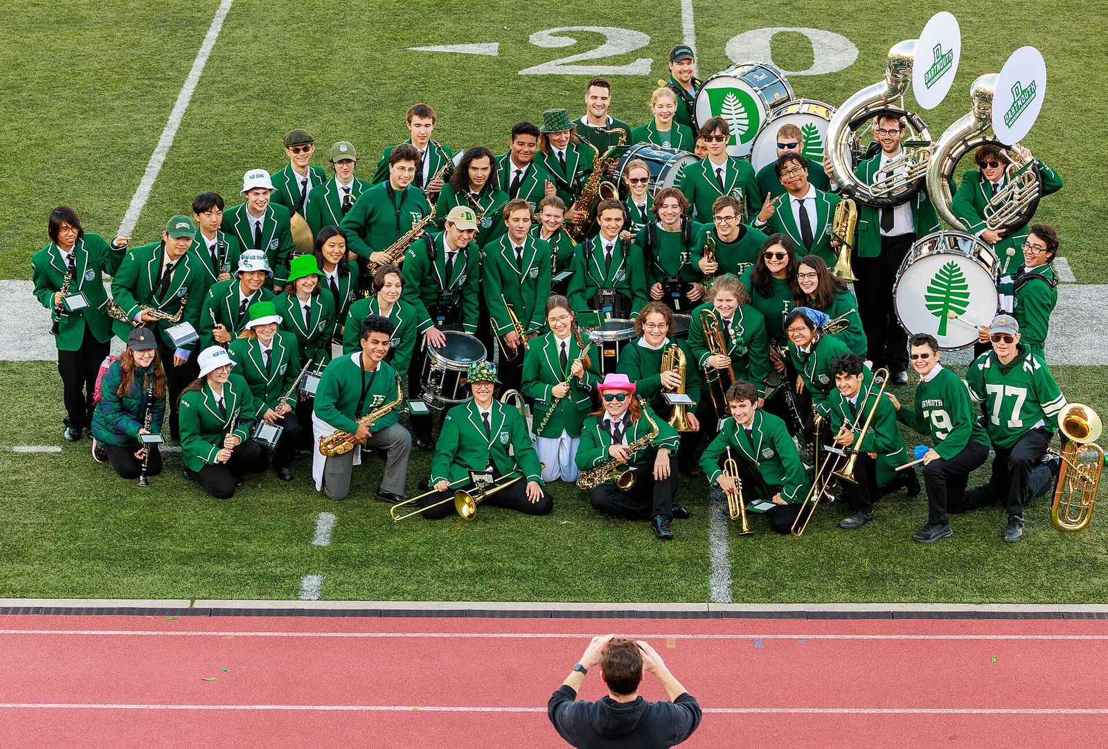 2025 Dartmouth College Marching Band pose for a photo.