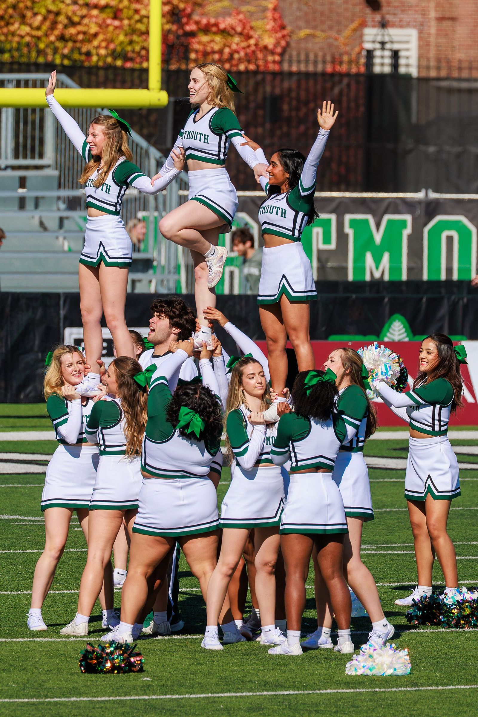 Dartmouth Cheer Squad in action. Yale Bulldogs at Dartmouth Big Green football, October 11, 2025.
