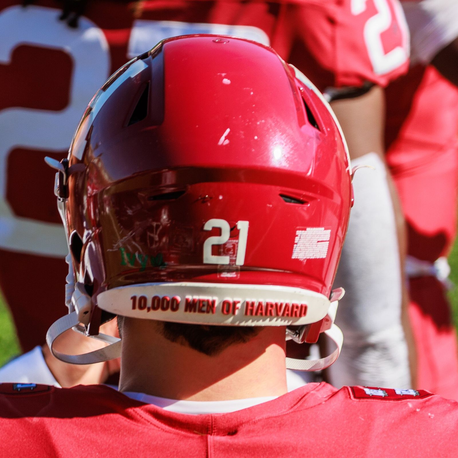 "10,000 Men of Harvard" is inscribed on the back of Harvard football helmets. Merrimack Warriors at Harvard Crimson football, October 18, 2025.