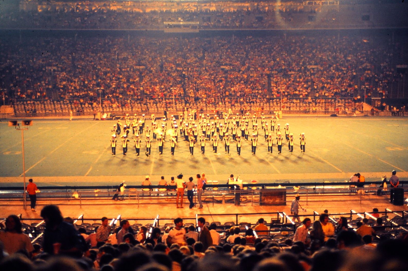 Tulane Stadium (often nicknamed "The Sugar Bowl"), New Orleans, October 1972. Tulane v/s Pitt game. Marching band on the field.