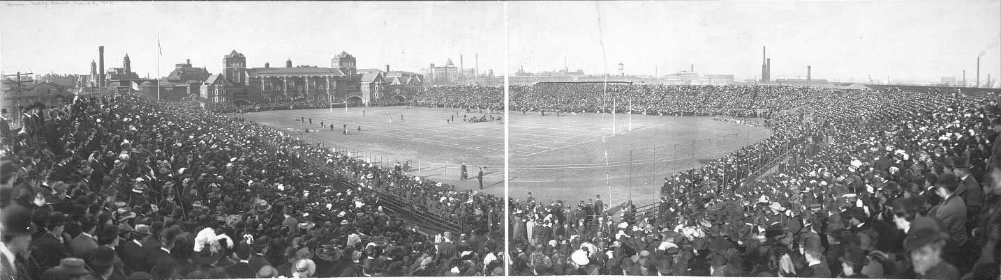 Panoramic photograph of the 1908 Army-Navy Game at Franklin Field. Note the grid pattern of the markings on the field.