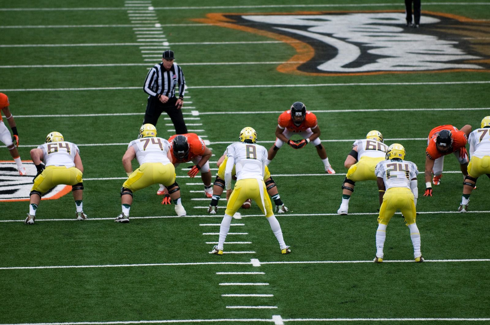 The Oregon State defense lines up against the Oregon offense in the 2012 edition of the Civil War rivalry between the two teams. Oregon would win, 48-24.