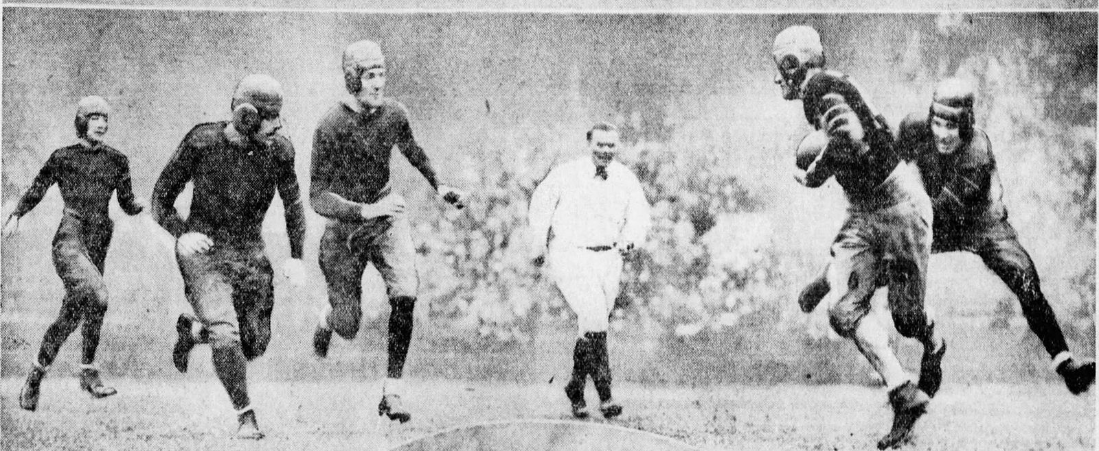 Temple Owls' Hansen attacking Villanova Wildcats in the third period of the November 10, 1928 football game at Franklin Field
