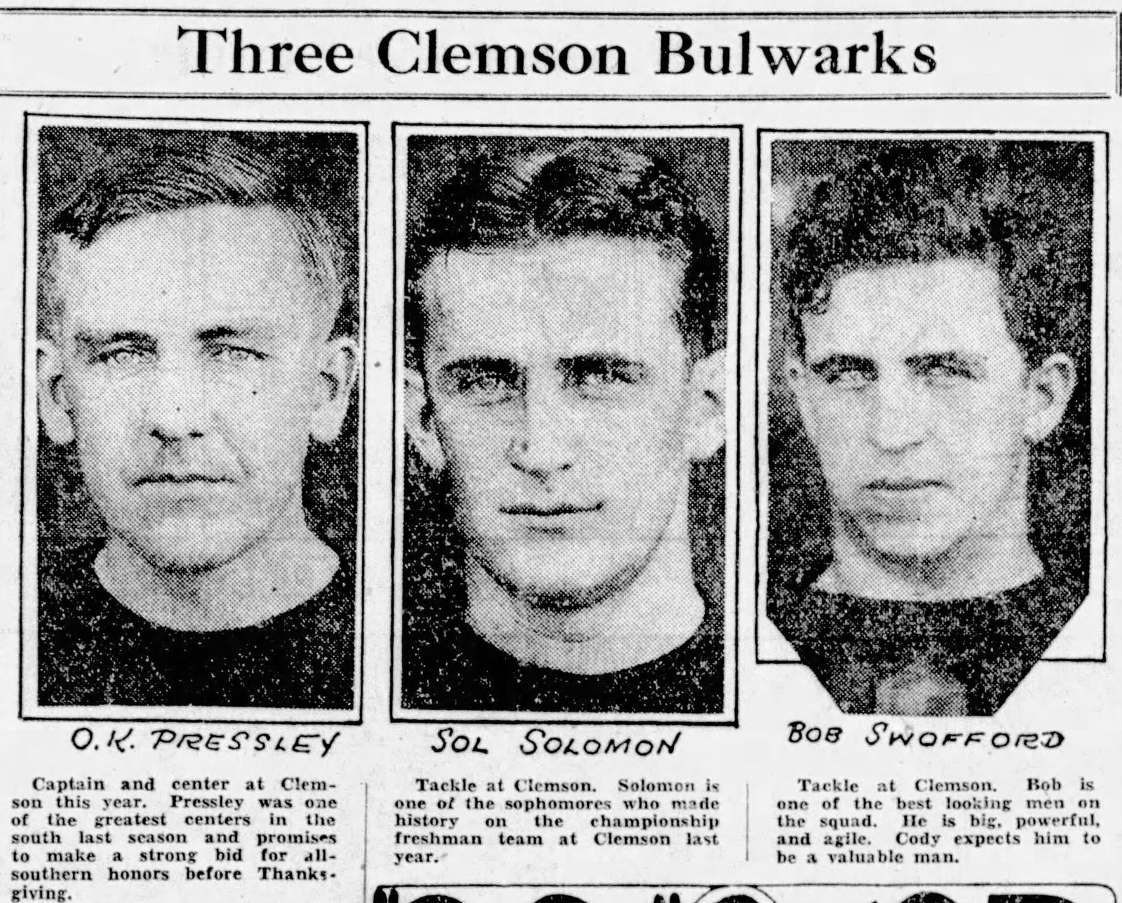 Photographs of 1928 Clemson Tigers football team players O. K. Pressley, Sol Solomon, and Bob Swofford