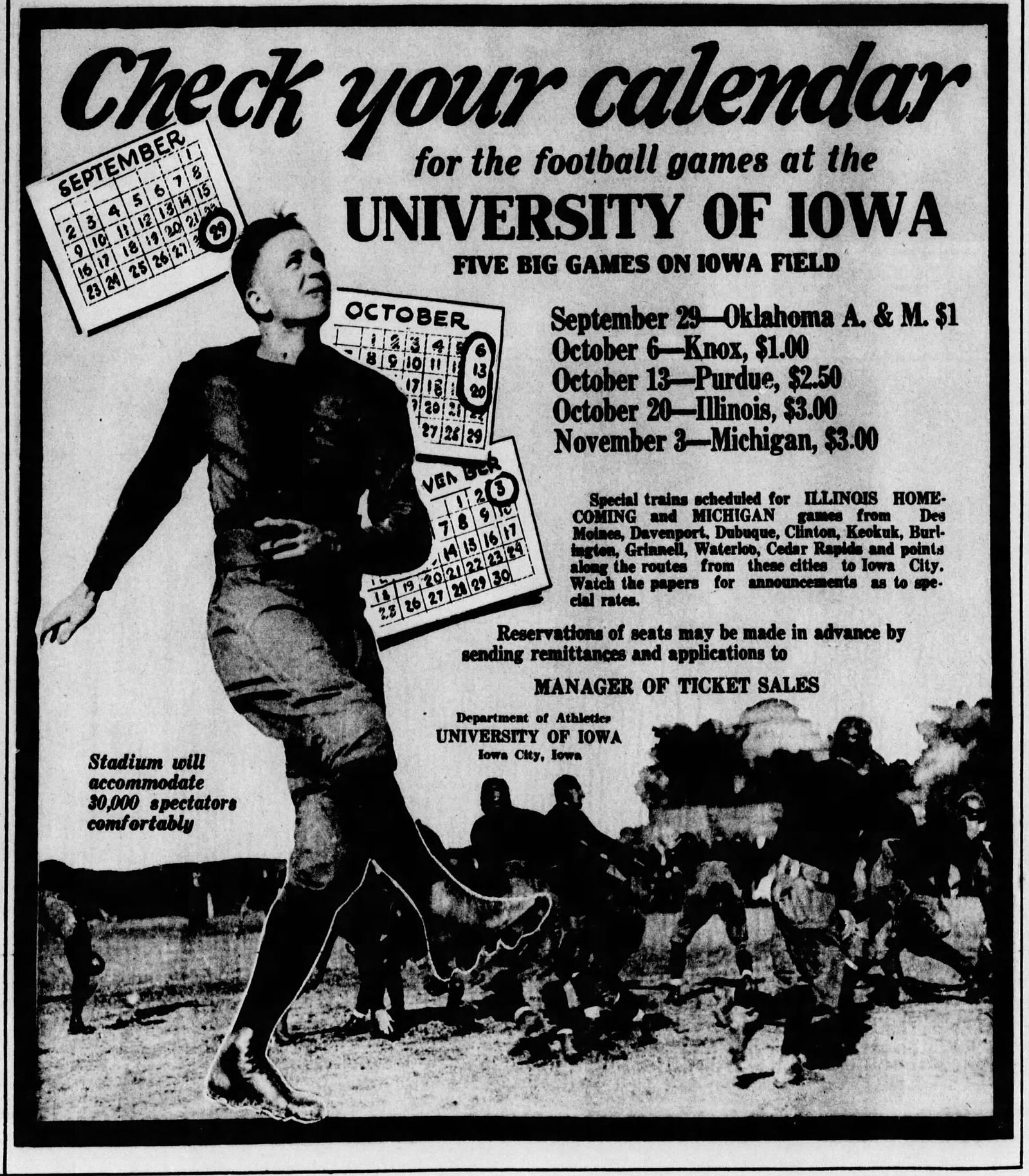 1923 advertisement for Iowa football